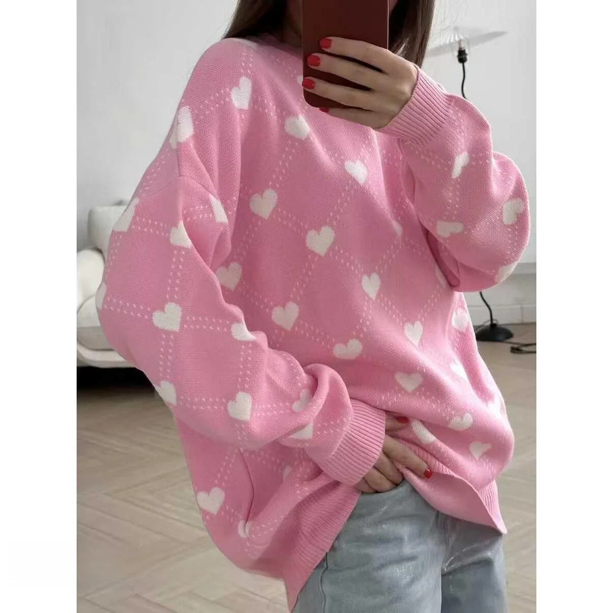 

Heartshaped Knitted Sweater round Neck Pullover Loose Fit Long Sleeve mid Length Commute Style Knitwear for Women