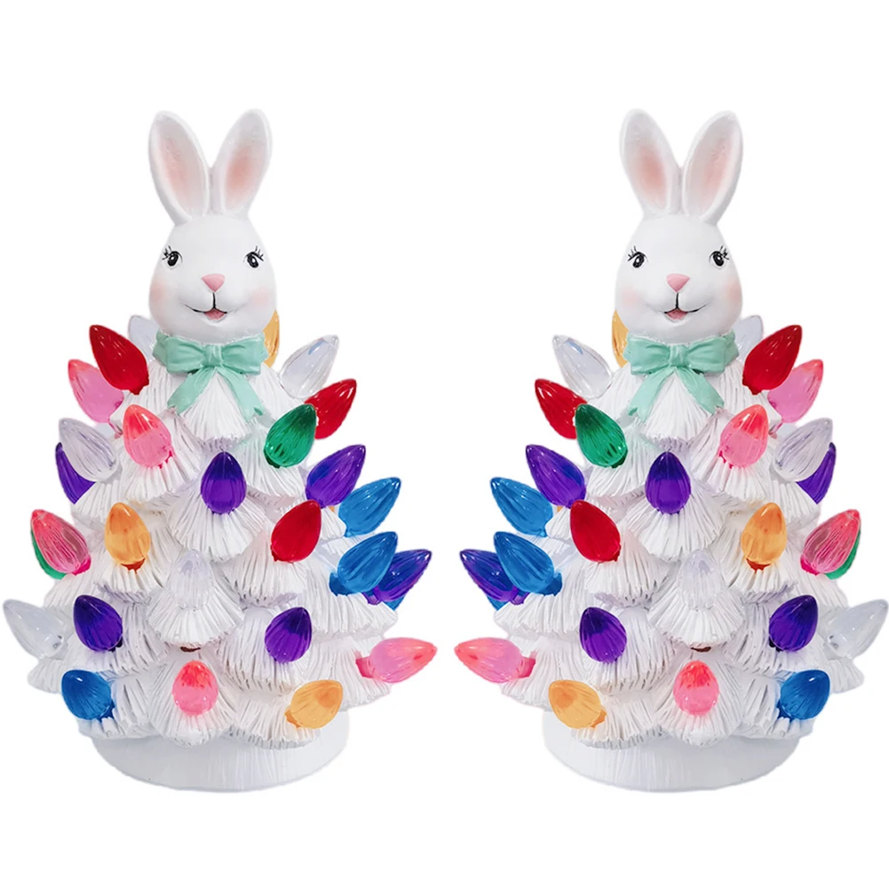 Easter Bunny Tree Decor Tabletop Rabbit Tree with LED Light Resin Desktop Tree Ornament Bunny Tree Decorations for Spring Easter