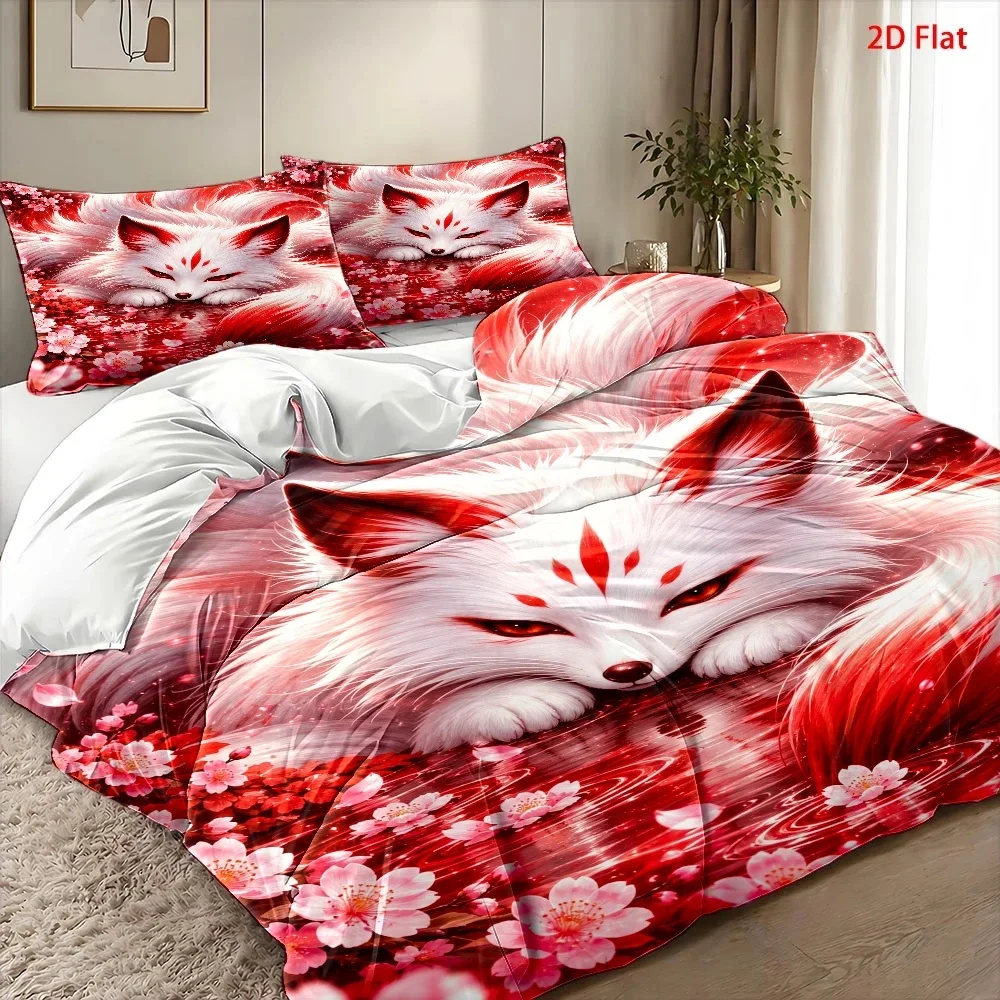 Nine-Tailed Fox and Cherry Blossom Moonlight Theme Three-Piece Bedding Set (1*Duvet Cover + 2*Pillowcases), Pink Halloween Decoration Comforter Sets Quilt Cover Bedding Set Breathable Polyester Invisible Zipper Machine Wash