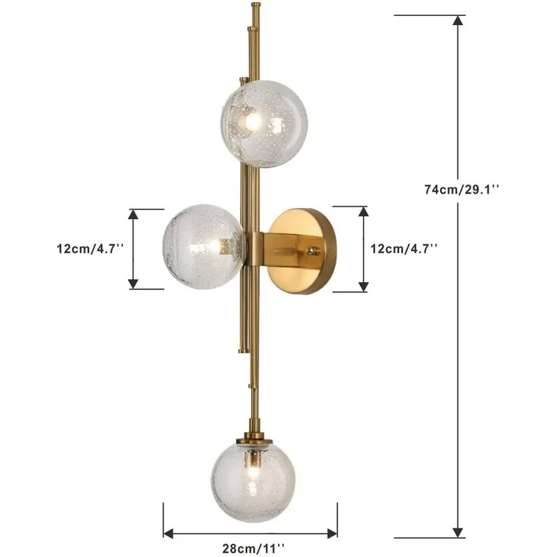 Mid Century Modern 3-Lights Globe Wall Sconce Lighting Vintage Long Gold Wall Sconce Clear Bubble Glass Bathroom Bedroom Wall