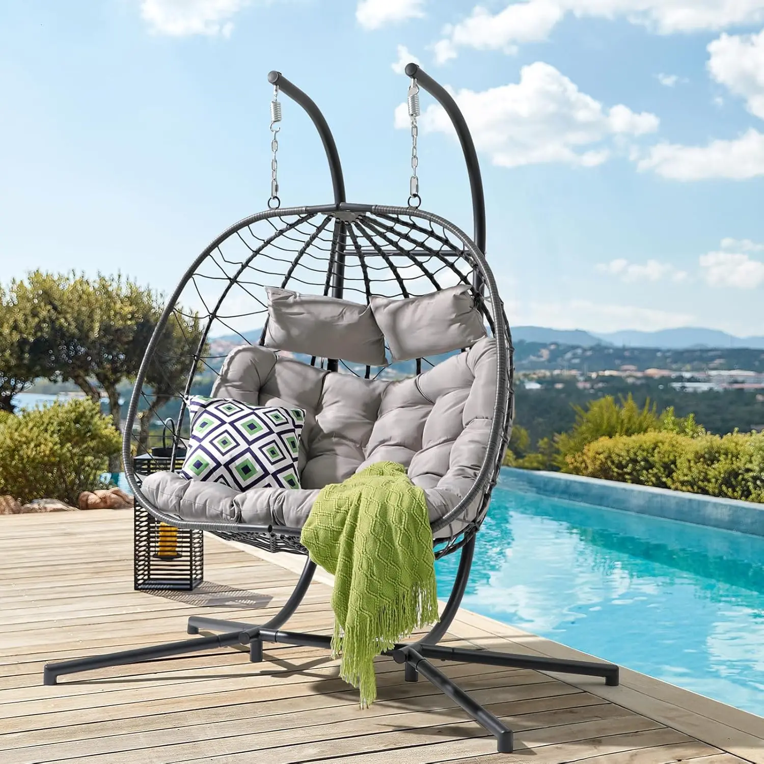 

2 Person Double Egg Swing Chair w/ Stand, Patio Wicker Rattan Hanging Egg Chair w/Cushion, Foldable Hammock Chair for Bedroom