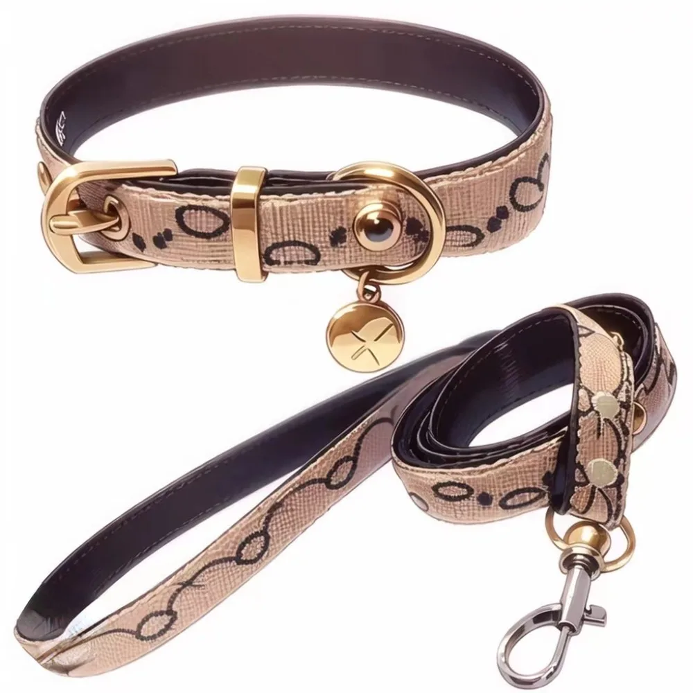 Dog Collar Leash set Classic Presbyopia Designer Letters Pattern Print Leashes PU Leather Fashion Adjustable Neck Strap