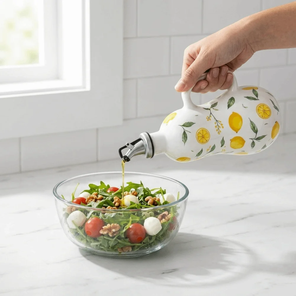 Ceramic Lemon Pattern Oil Bottle Leak-proof No Drip Olive Oil Dispenser Underglaze Embossed with Handle Vinegar Can Restaurant