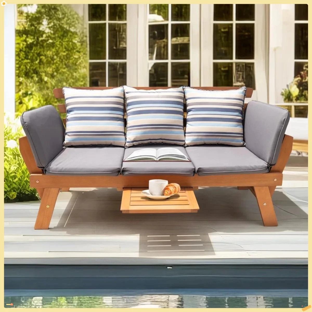 أريكة خارجية قابلة للتحويل من الأوكالبتوس، أريكة فناء بسعة 750 رطل مع مسند ذراع قابل للطي وصينية قهوة