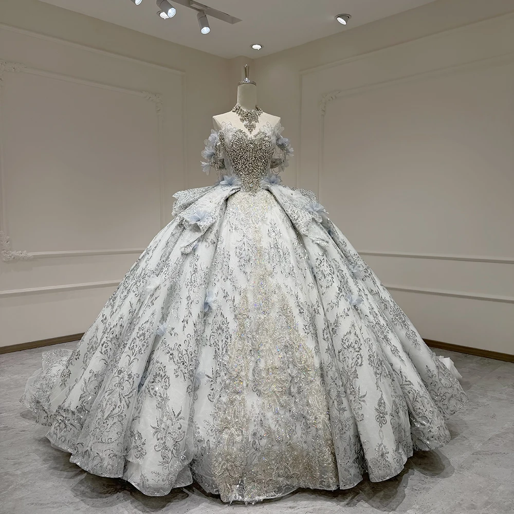 

Customized Ball Gown Wedding Dresses Sweetheart Lace Sequin Short Sleeve Bridal Gown Princess Bride Dresses robe de mariée