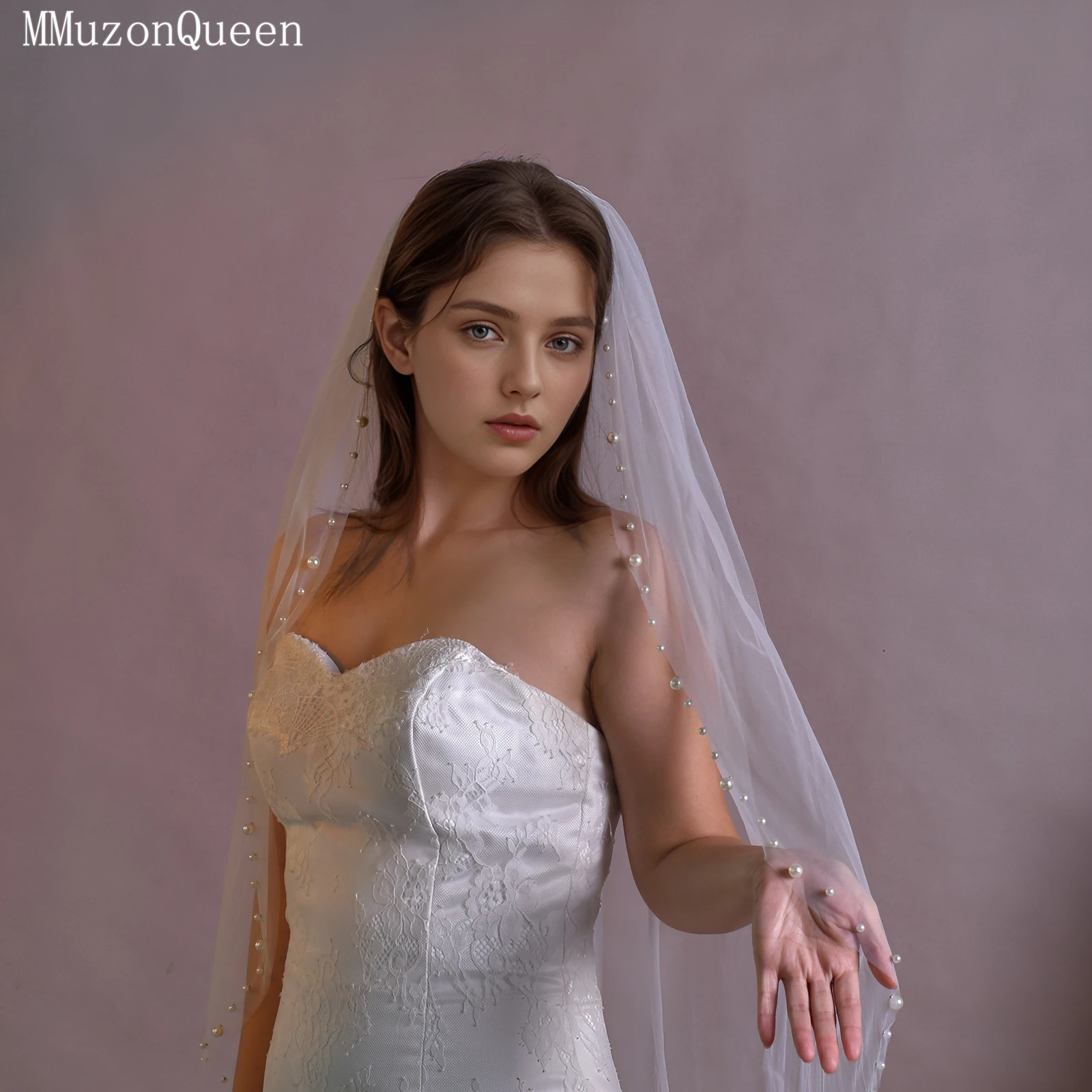

TOPQUEEN V170 Элегантная женская укороченная фата с жемчужной отделкой, длинная свадебная фата с гребнем для волос