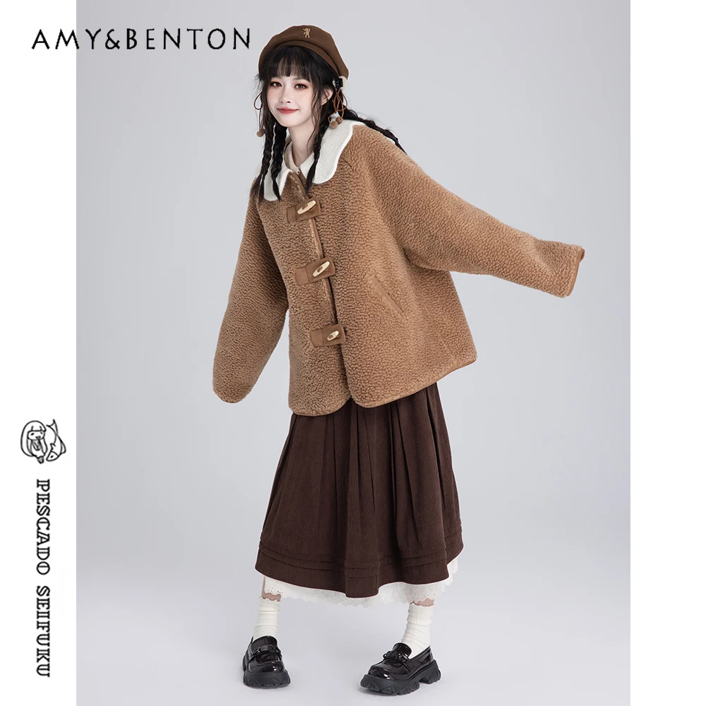 Lolita Coat Sweet Pink Lamb Wool Winter Clothes Women Japanese Kawaii Doll Collar Horn Button Jackets All Match Jk Coat Female