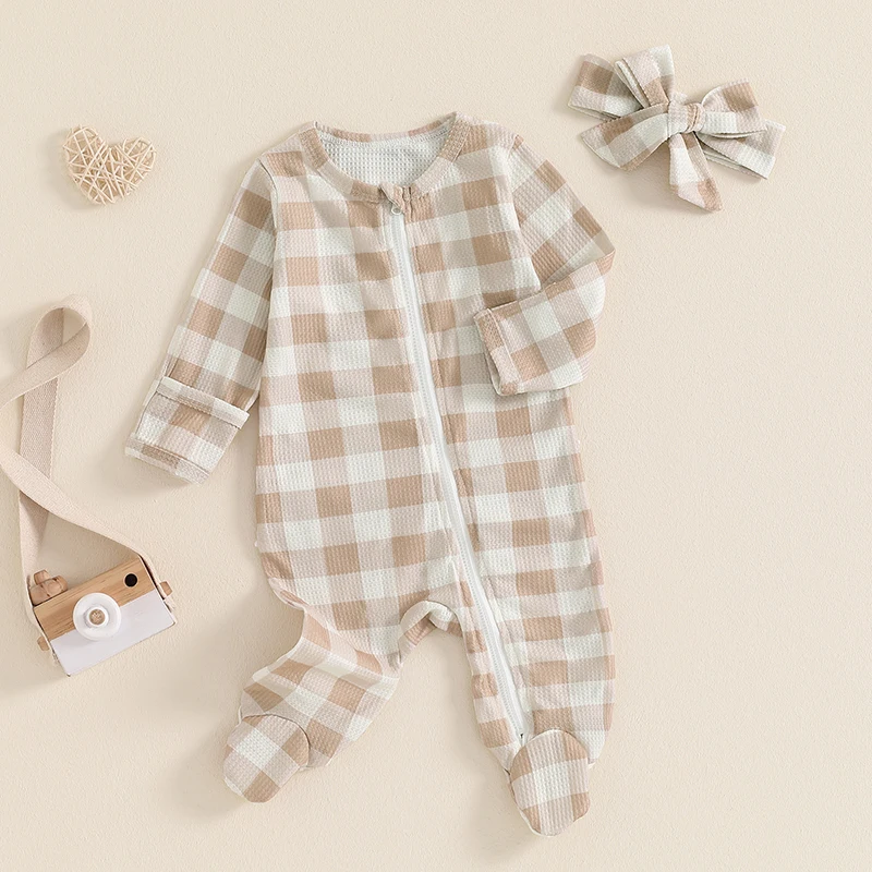 Baby Fall Set Waffle Checkered Zip Up Long Sleeve Round Neck Romper Headband Adorable 2-Piece Outfits