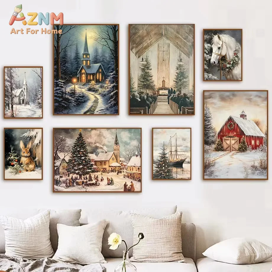 1PC Modern winter scenery festival wall painting, snowy cabin, pine tree, white horse painting print Christmas home deco