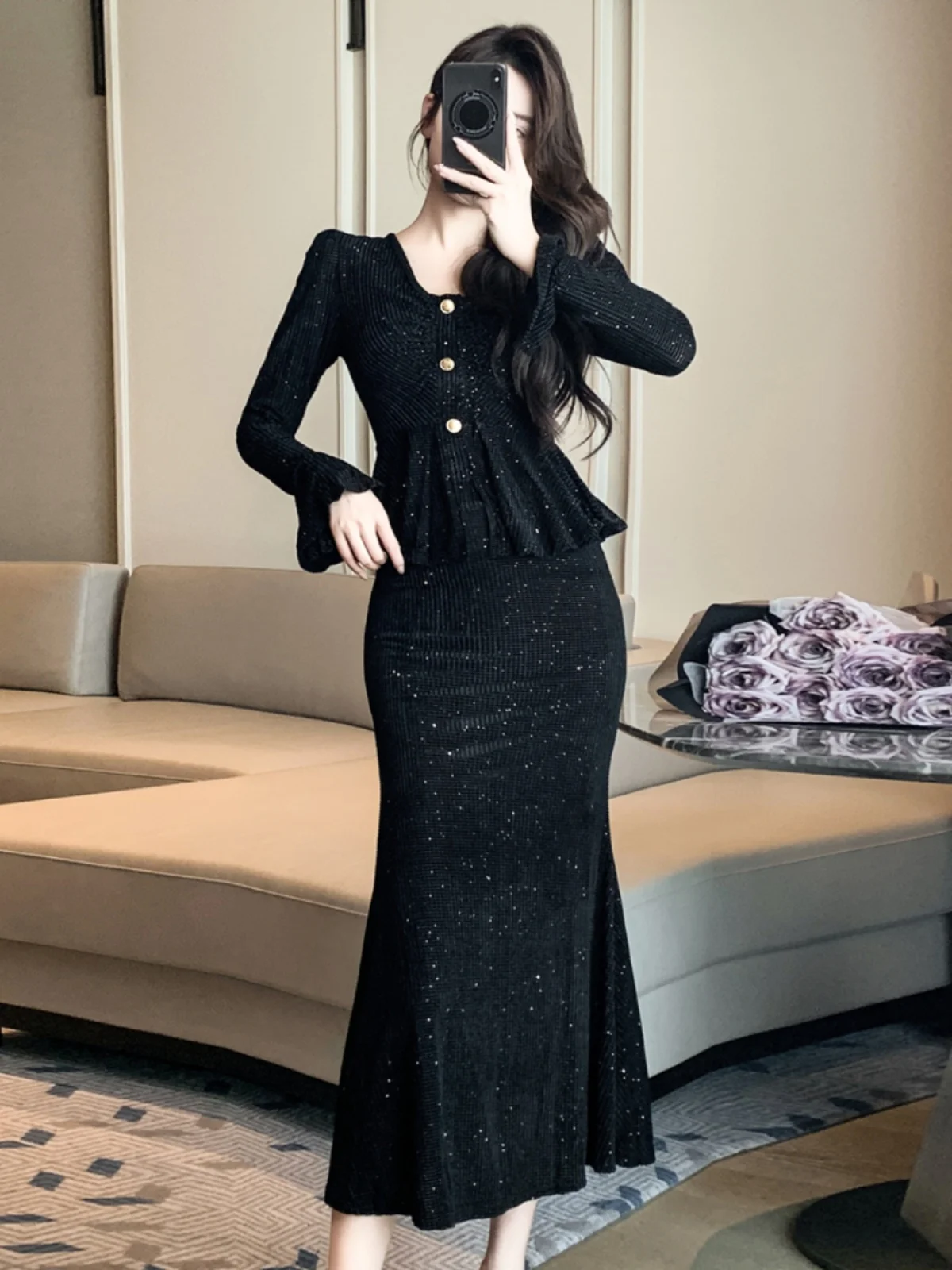 Early Autumn Winter 2025 New Arrival Classic Sle Outfit Top Fishtail Skirt Women's Two-piece Set Elegant Fancy Spring