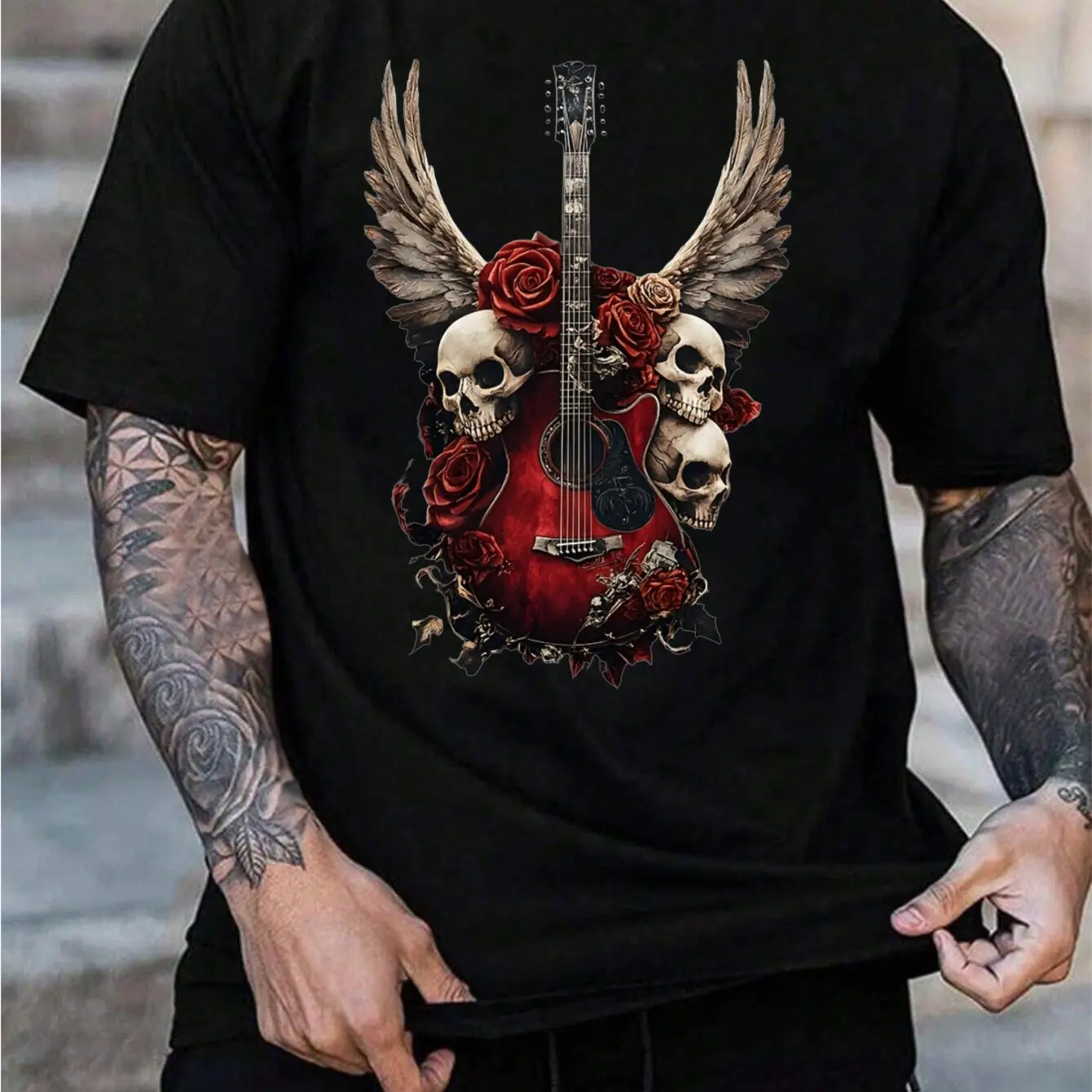 Men Gothic Rock Graphic T-Shirt - Skull Guitar Print with Red Roses Winged Design Cotton Round Neck Casual Tee for Concerts