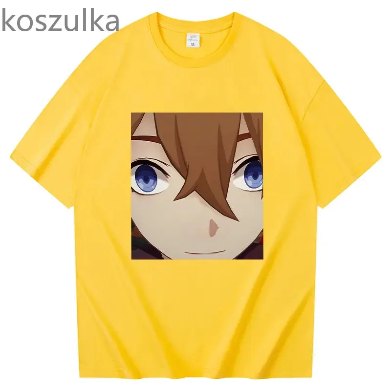 111 www أنيمي Tartaglia الوجه الميمات تي شيرت للجنسين موضة قصيرة الأكمام Genshin تأثير لعبة تشايلد الشفاه دغة تي شيرت س الرقبة القمم