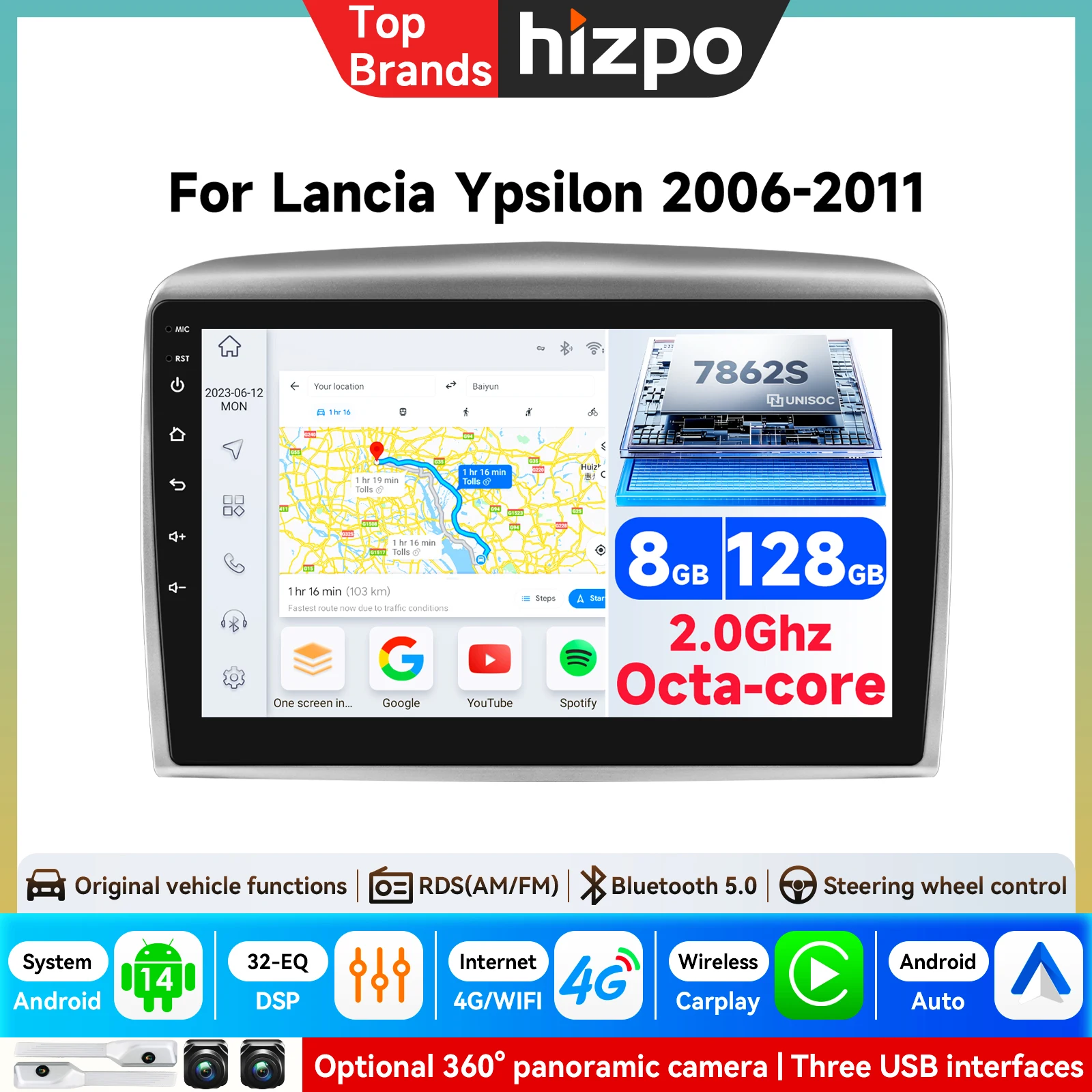 7862 KI-Intelligenter Bildschirm für Lancia Ypsilon 2006-2011 Carplay 4G WLAN Android Auto-Multimediaplayer Stereo-Navigation GPS-Radio