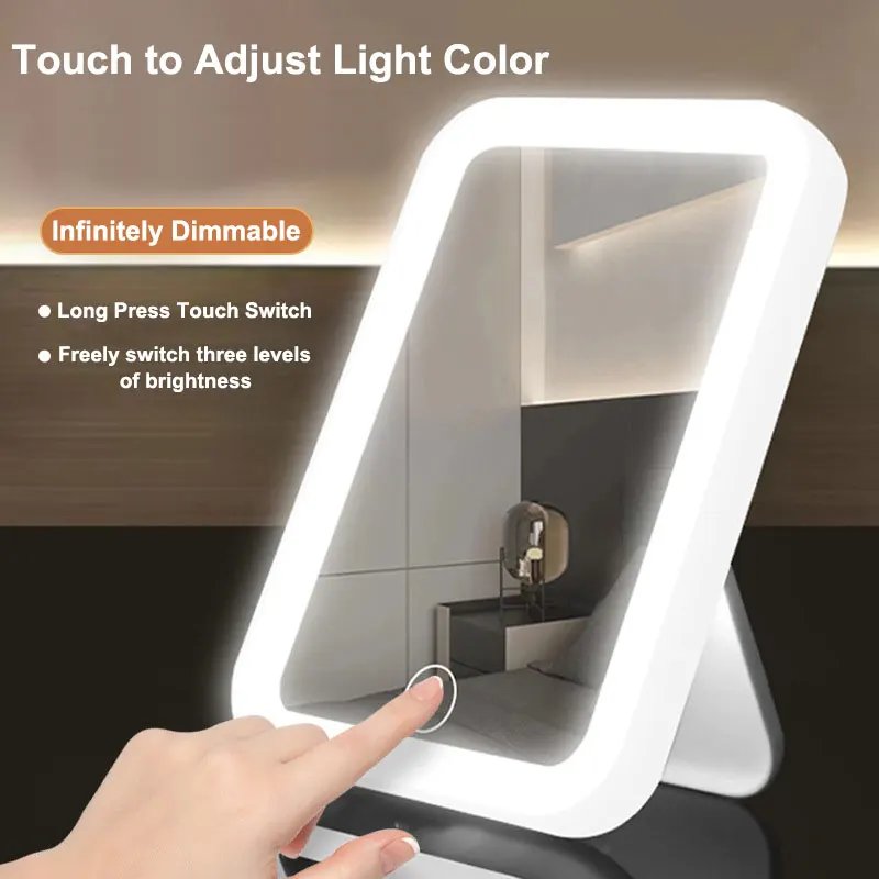 

3 Colors LED Vanity Mirror with Touch Screen USB Rechargeable Dimming Makeup Mirror 3 Brightness Portable
