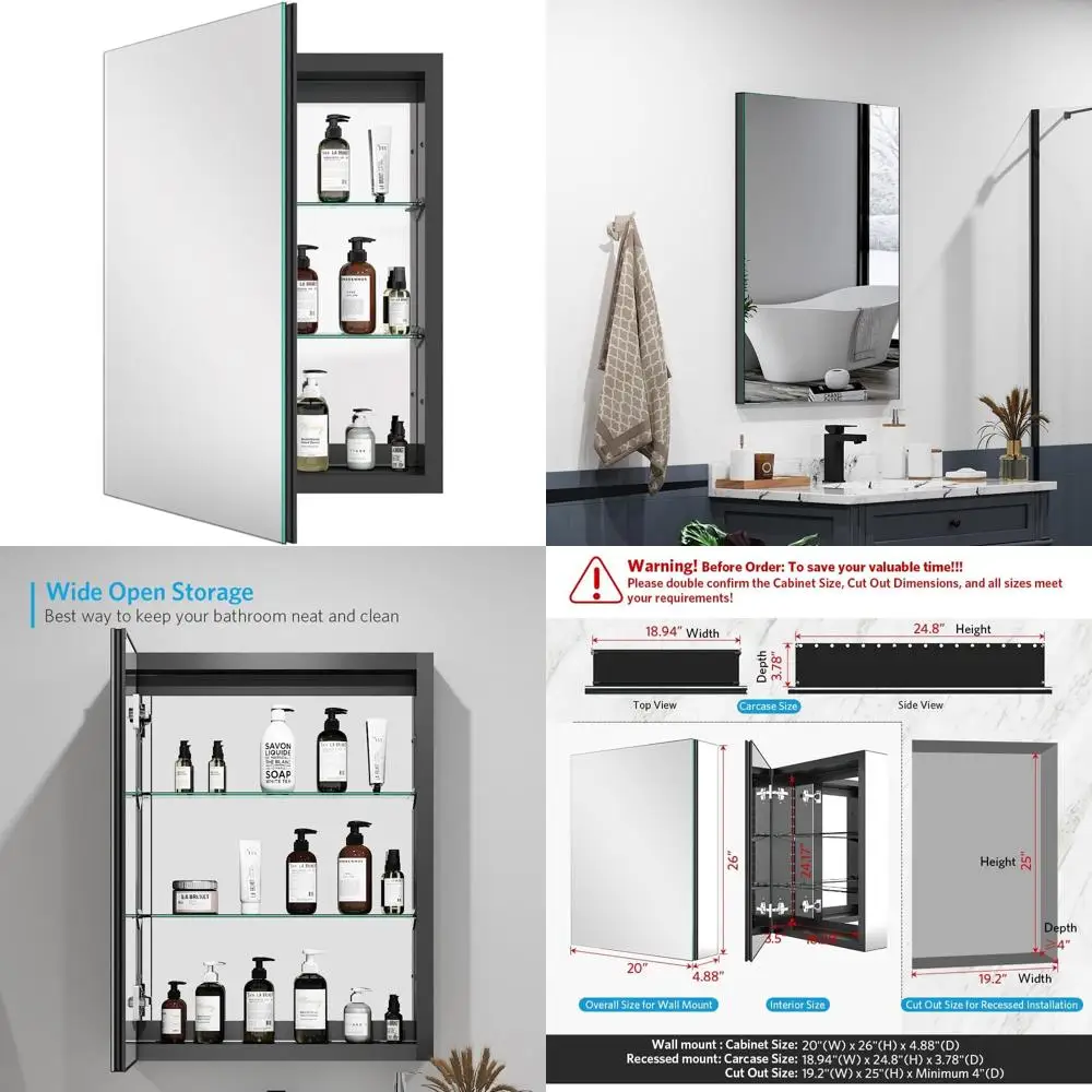Bathroom Medicine Cabinet with Mirror, Aluminum Surface Mount or Recessed Mirror Medicine Cabinet 20x26 Inch, Black