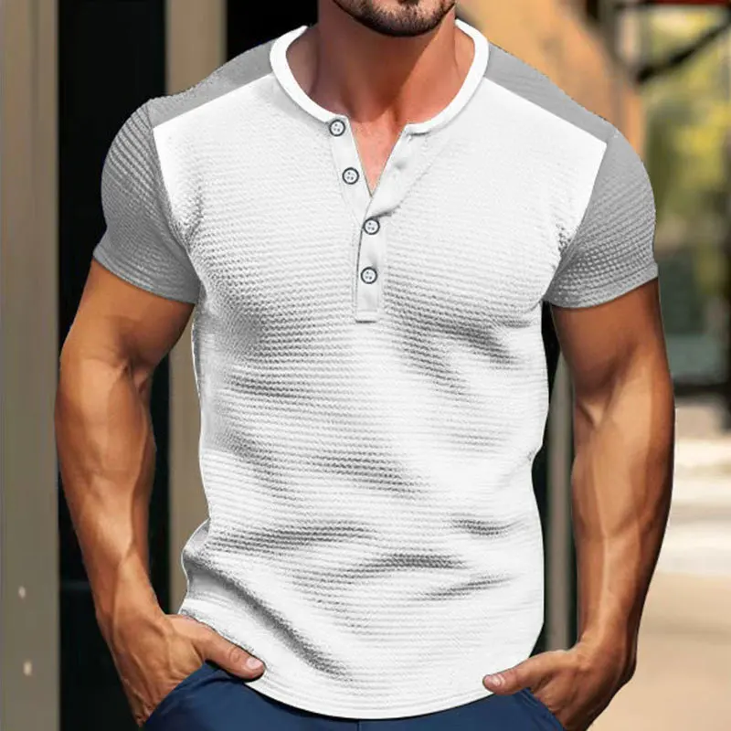 Men Color‑Block Henley T‑Shirt, Notch Neck Partial Button Short Sleeve Waffle Knit Casual Tops