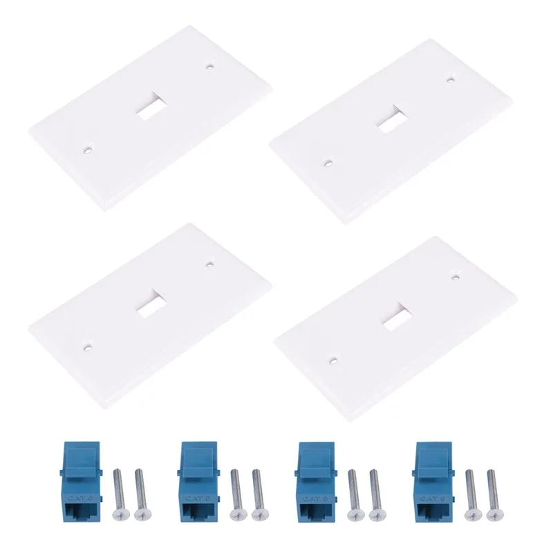 4x Cat6 Ethernet Wall Plate Outlet 1 Port RJ45 Network Female To Female Keystone Wall Coupler Jack Plate White & Blue