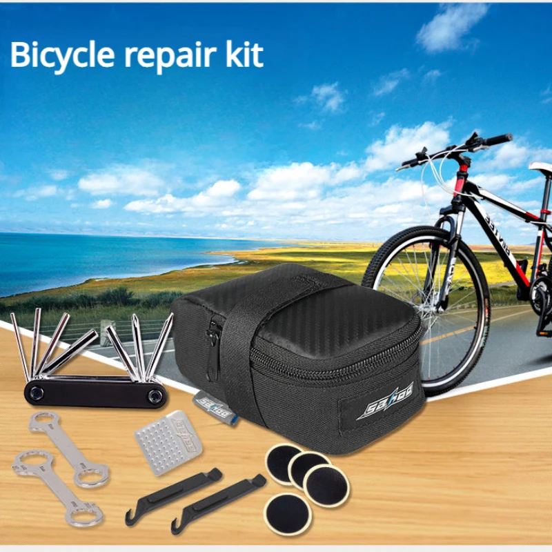 

Cycling Bicycle Bike Repair Mufti-functional Tool Hexagon Wrench Kit Tire Lever No-Glue Patch Metal Rasp Saddle Bag