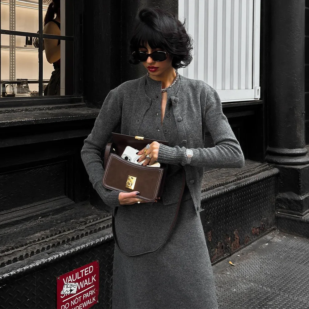 Casual Solid Knit 3 Piece Suit Women Slim Full Sleeve Button Top Long Hip Package Skirts Set 2026 Chic Autumn Winter Sets Lady