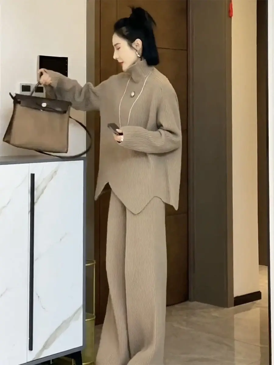 Advanced Purple Knitted Wide Leg Pants Two Piece Set for Autumn and Winter New Thickened Korean Loose Sweater Set for Women