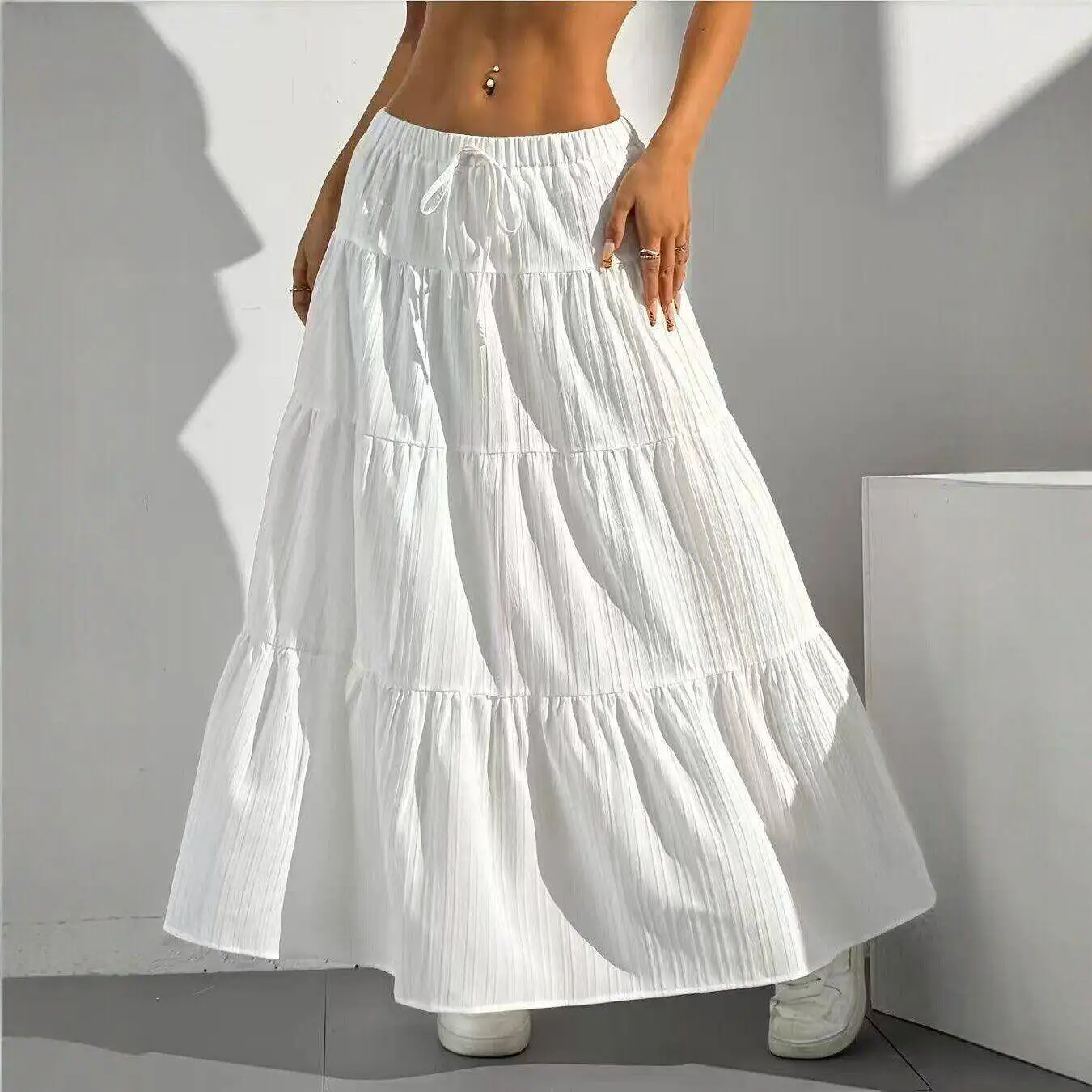 

Vaion Sle High Waist A-Line Midi Skirt Women's Loose Fro Gown with Belt Splicing Pleats Flared Slimming Skirts