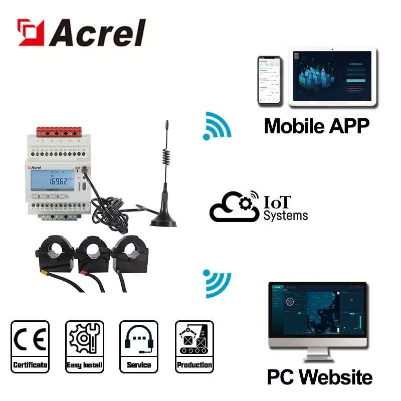 Acrel 1 Pcs Iot Wifi Draadloze Slimme Energiemeter 3 Fase Mqtt Rs485 Modbus-Rtu Met 3 Pcs Split Core 0-300a Huidige Transformator