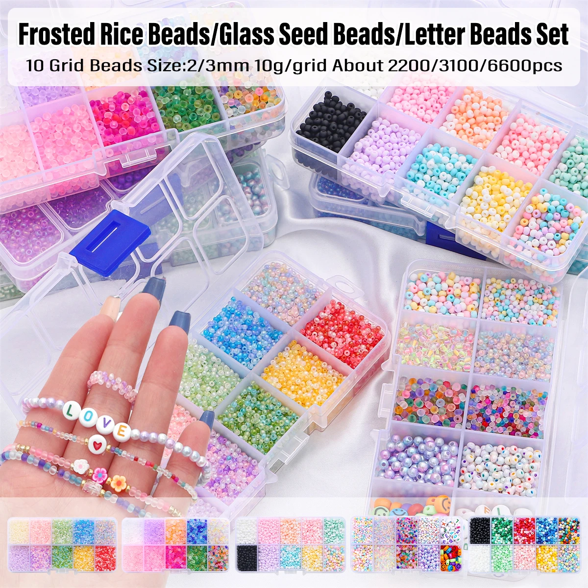 

10 Grid Frosted Glass Seed Beads Set | Colorful Rice & Letter Beads for DIY Jewelry Bracelets/Necklaces