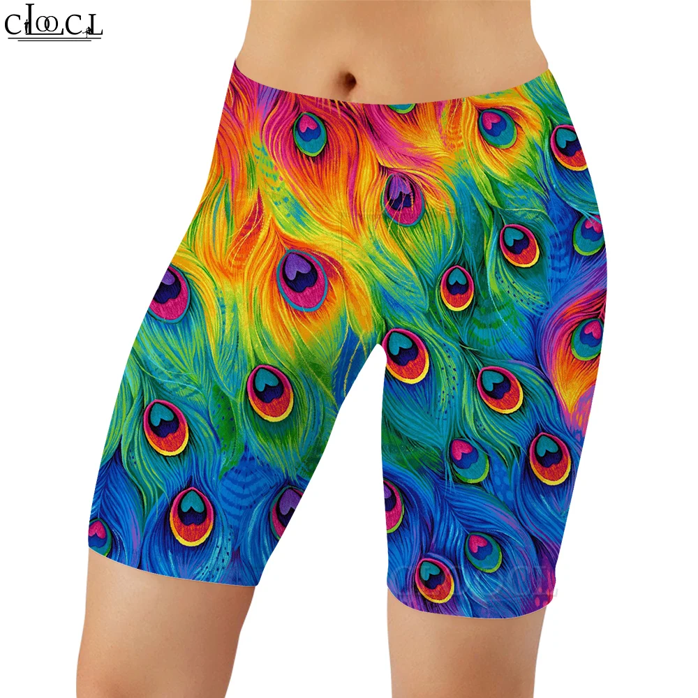 CLOOCL-mallas con estampado 3D degradado de plumas de pavo real para mujer, pantalones cortos ajustados sexys para gimnasio, entrenamiento y trotar