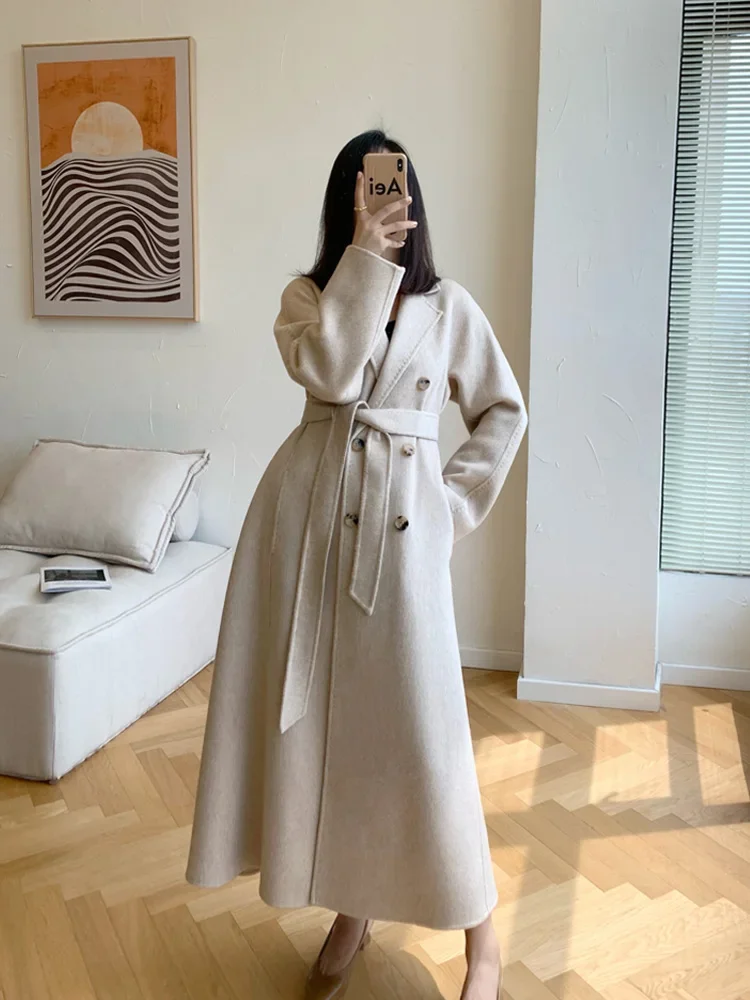 

New Women 100% Cashmere Double-sided Coat Long Loose Lace-up Double-breasted Woolen Coat Soft Fashion Female Fit Autumn Winter