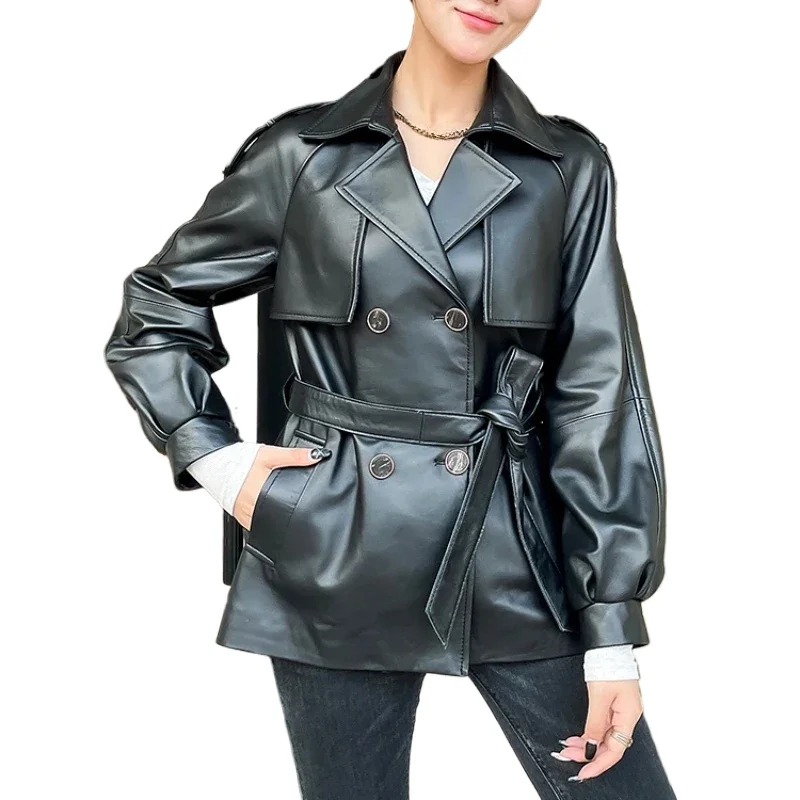 Real Leather Jacket Women Mid-length Genuine Sheepskin Coat Belted Leather Coats and Jackets Elegant Blazers Casaco Feminino