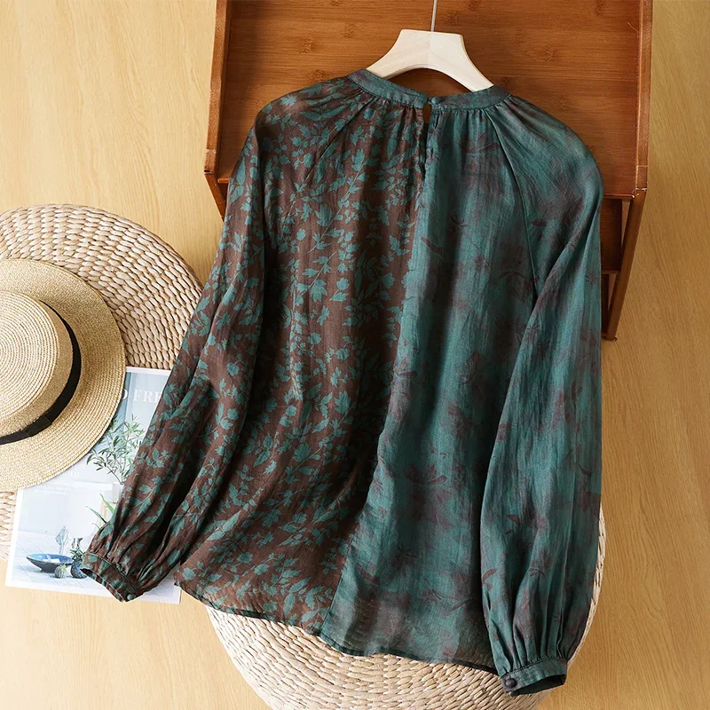 

Chinese Style Floral Color Block Cotton Linen Blouse Women Fashion Raglan Sleeve O Neck Female Linen Shirt Elegant Loose Tops