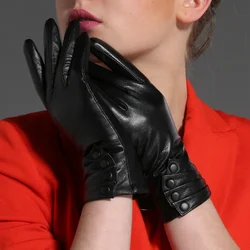 GOURS-Gants d'hiver en cuir véritable pour femme, gants noirs en peau de chèvre véritable, doublure sourire, chauds et doux, boutons de conduite à la mode, nouveau, GSL017