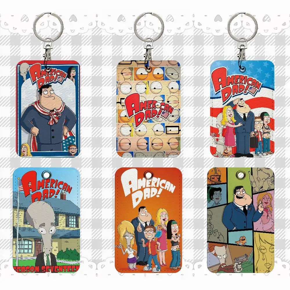 

Cartoon A-American D-Dad Rectangle ID Card Case Keychain Access Card Bag Key Tag Ring Leather Card Holder Key Ring Access