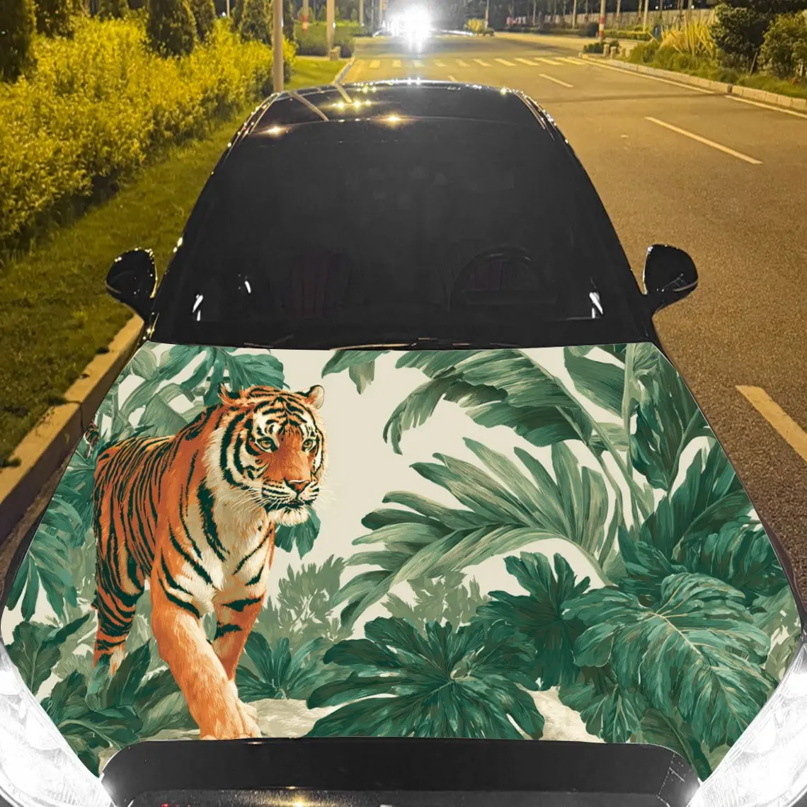 

Car Decal Tiger with Vibrant Tropical Foliage Artistic Background & Ferocious-Adventurous Aesthetic Car Hood Sticker, Waterproof