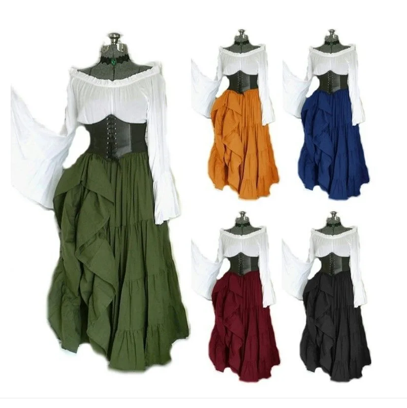 

New Halloween Women Medieval Cosplay Costumes Gothic Retro Victoria Middle Ages Carnival Long Sleeve Pleated Corset Dress