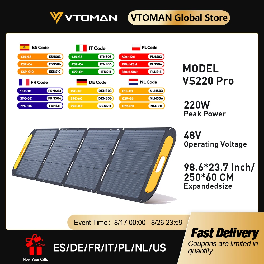VTOMAN VS200 PRO 48V 200W Solarpanel-Set Komplett Tragbare Outdoor-Solarzelle Wiederaufladbarer Solargenerator für Zuhause