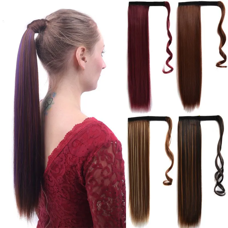 

Straight Ponytails Synthetic Extensions for Women Highlight Black Brown Color 22 Inch Hair Piece Ponytail with Velcro Strap M002