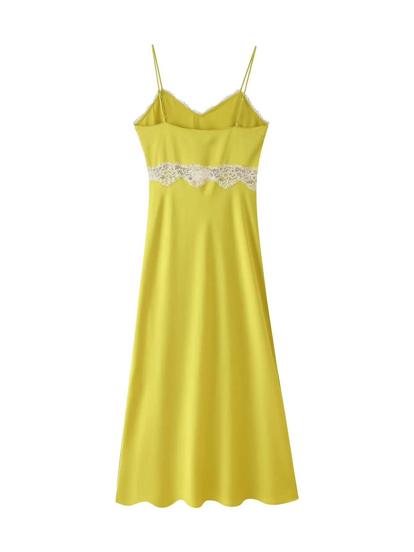 Women's Yellow Satin Midi Dress with Spaghetti Straps Summer Elegant Style with Lace Panels, Sleeveless Evening Party Dress
