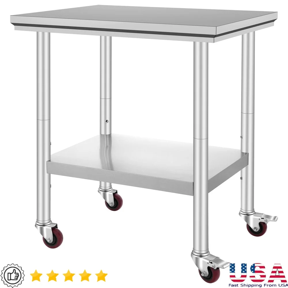 

Stainless Steel Work Table with Wheels Adjustable Undershelf Heavy Duty Prep Table Kitchen Restaurant Commercial Use 700 Lbs