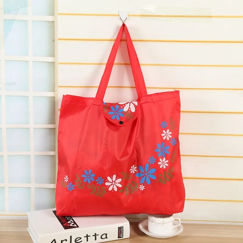 

Foldable Shopping Bag Flower Print Pattern Snap Buckle Environmentally Friendly Tote Bag Large Capacity Reusable Portable Pouch