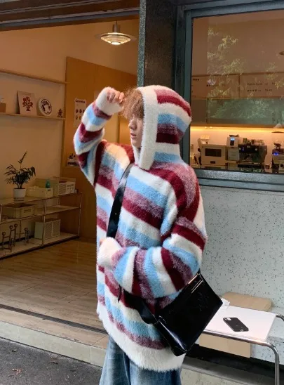 Autumn Winter American Retro Style Men's Blue and White Striped Hooded Sweater Red and White Color Block Casual Knitwear
