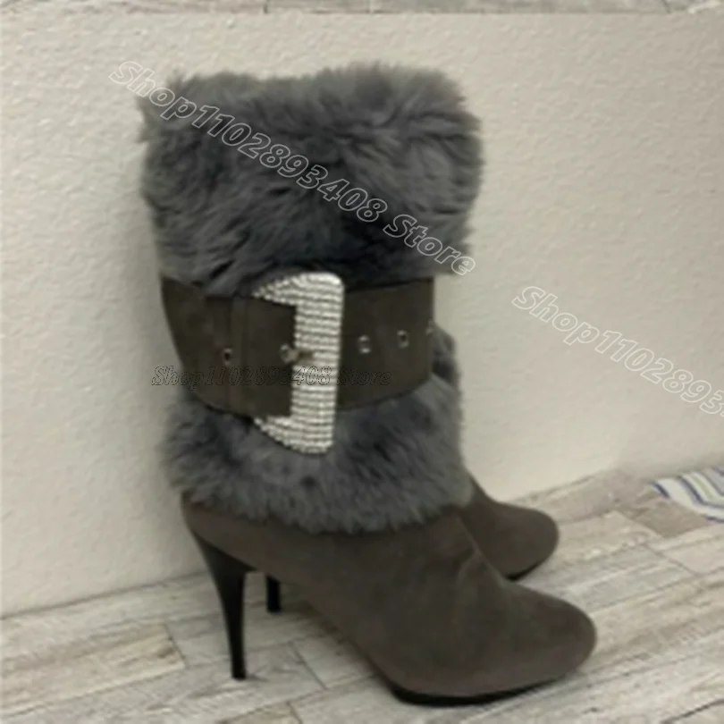 Bruine kudde bont decor enkellaarsjes zijrits gesp Britse stijl damesmode jurk winterlaarzen 2025, Zapatos Para Mujere