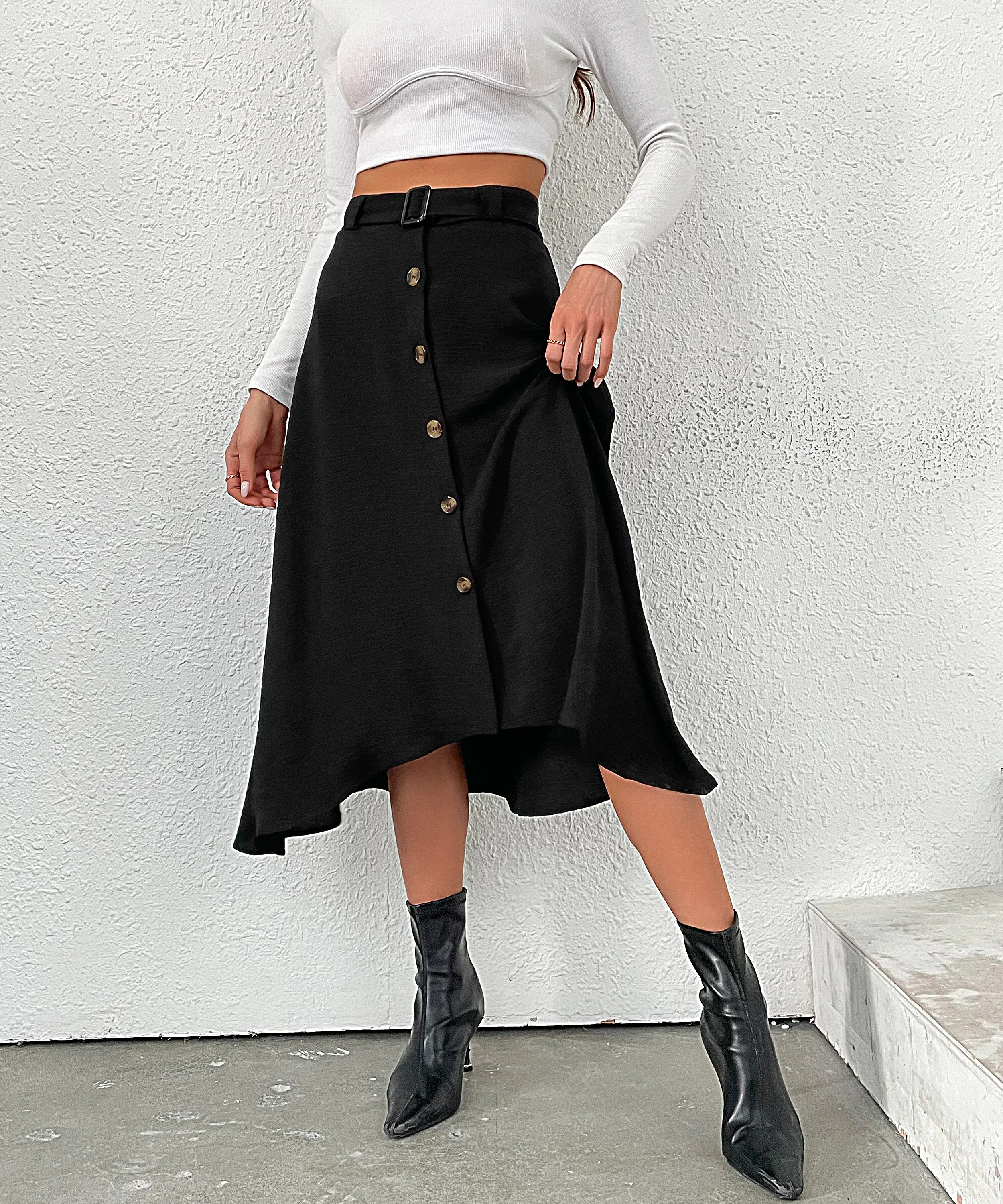 

Women's Button Up Skirt Midi Skirts Casual High Elastic Waist Skirt Women Skirt With a Belt Free Shipping