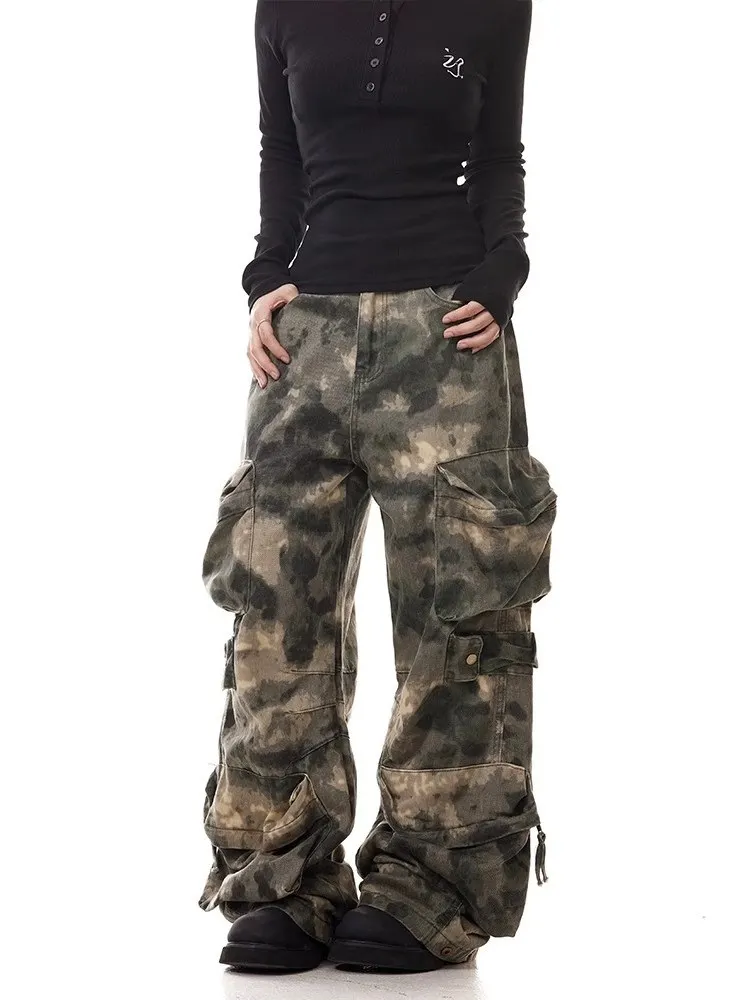 Men and Women Street Loose Wide-Leg Workwear Trousers Fashionable American Style Retro Multi-Pocket Camouflage Pants