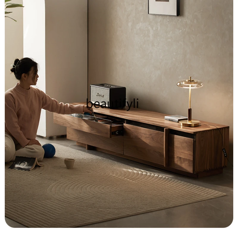 

TV Cabinet Black Walnut Modern Simple Home Living Room Small Apartment Floor Tea Table Combination