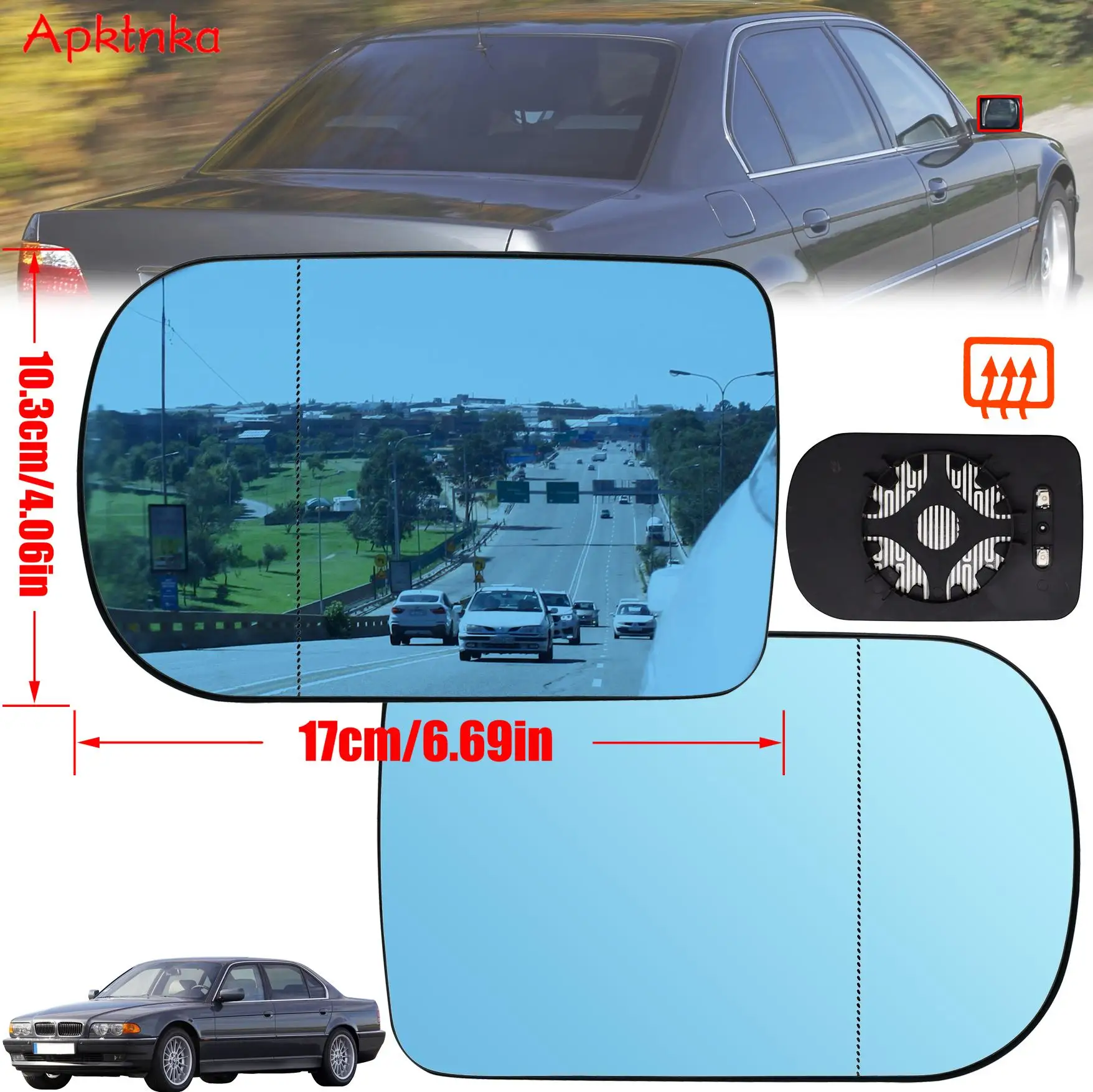 APKTNKA For BMW 7 Series E38 5 E39 1995 - 2003 Left Right Door Side Wing Mirror Glass Heated Blue Rear View Convex Exterior