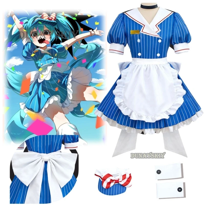 Cosplay Costume Wig Mikuuuu Hypnotist Cosplay Blue Striped Lolita Maid Dress Halloween Party Virtual Uniform Suit