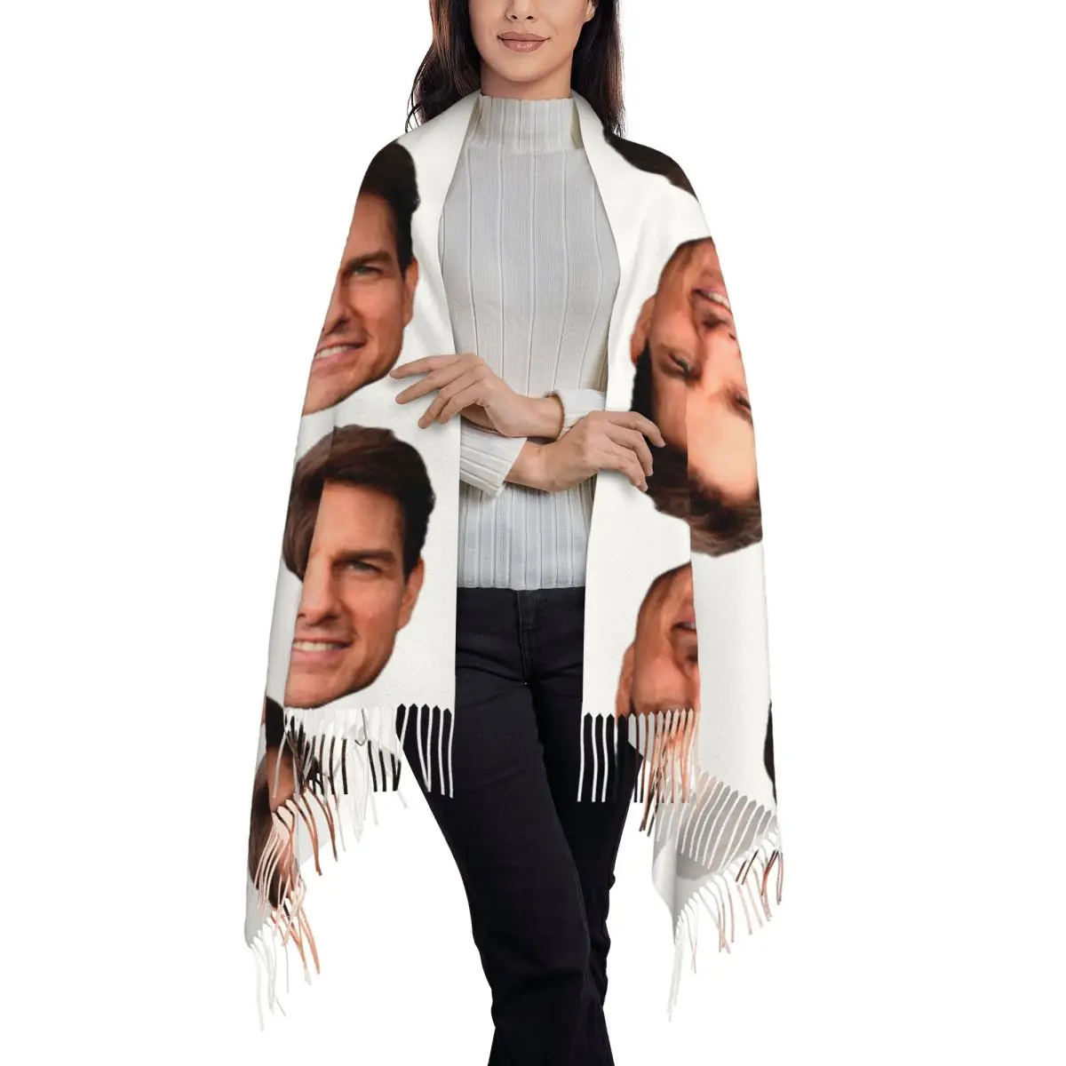 Tom Cruise Face Cutout Scarf Tassel Scarves for Women Soft Warm Shawls and Wraps Long Fall Winter Shawl Wrap