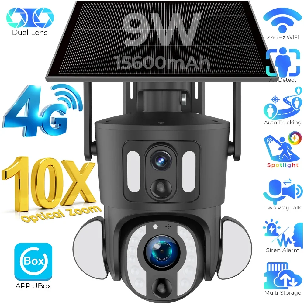 

10X Optical Zoom Solar Camera Dual Lens 5MP WiFi/4G LTE SIM Card PTZ IP Camera Auto Tracking Dome Surveillance Camera PIR Detect