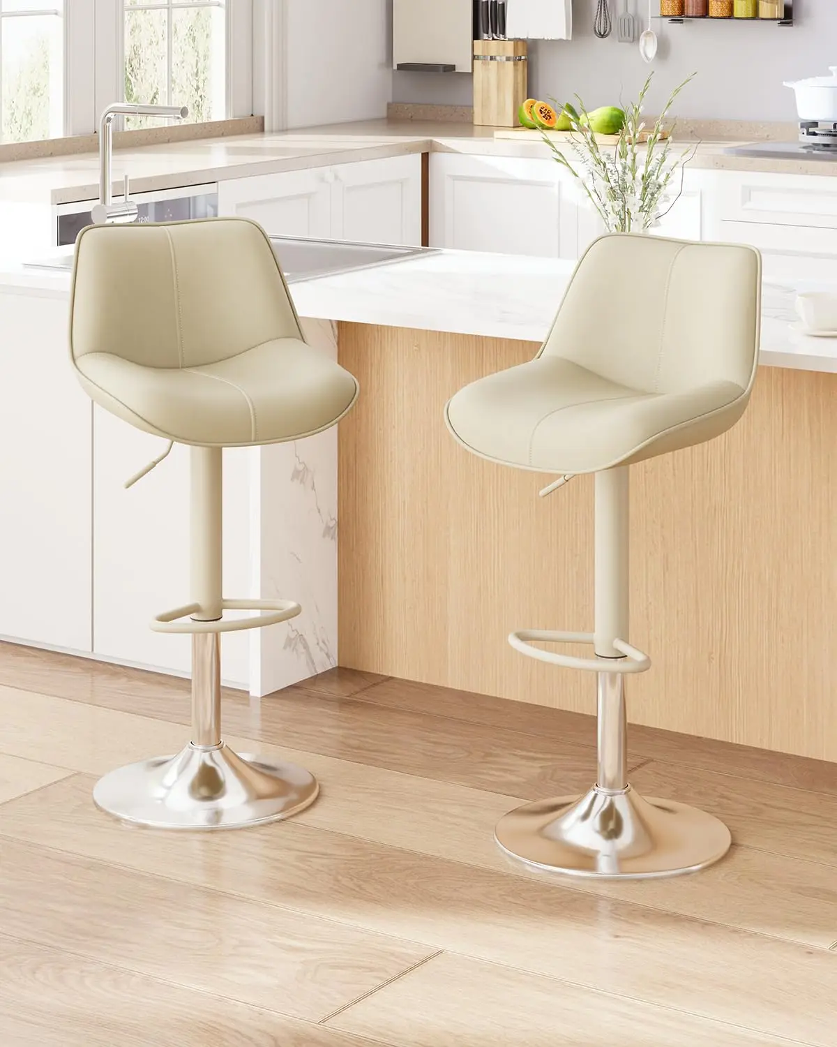 

Bar Stools Set of 2, Adjustable Swivel Faux Leather Barstools 26-34inch with Footrests, Counter Height Island, Customized
